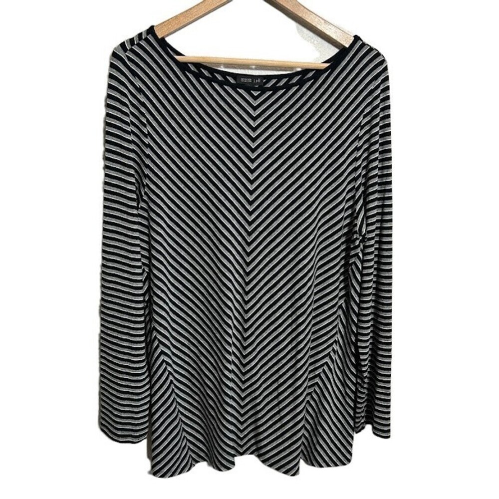 J.Jill Wearever Striped Tunic Top L Black Gray Long Sleeve Stretch Rayon